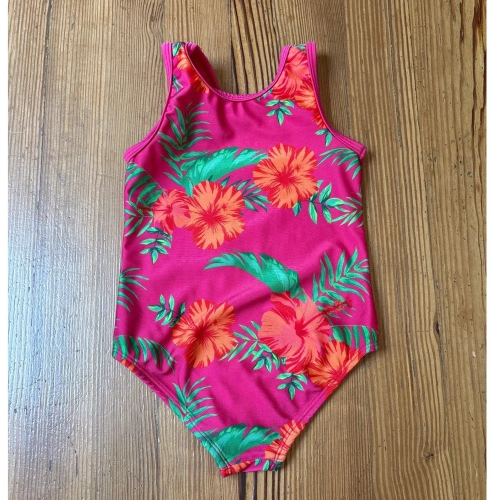 B4 ALL Swimsuit Girls Pink Tropical Hibiscus Floral One Piece SIZE 6X